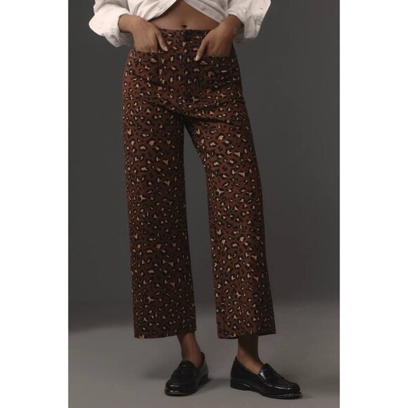 Anthropologie Maeve Colette Crop Wide Leg PONTE Pants Sz 24 Brown Leopard Print